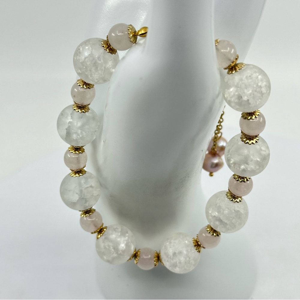 # 345 New Handmade Rose Quartz and Frosted Quartz Beaded Adjustable Bracelet